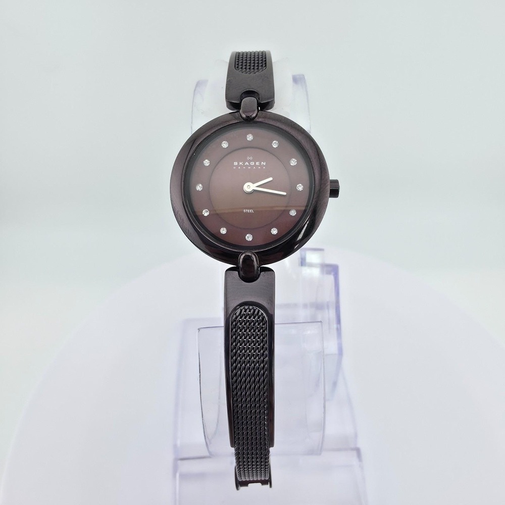 SKAGEN Slim Ladies Watch Dark Brown Adjustable Mesh Band Crystal Max Wrist 8"
